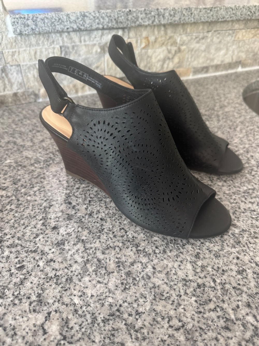 Clark’s Black Perforated Wedge Sandals - Sleek Slingback Design - Size 8.5 - NWT